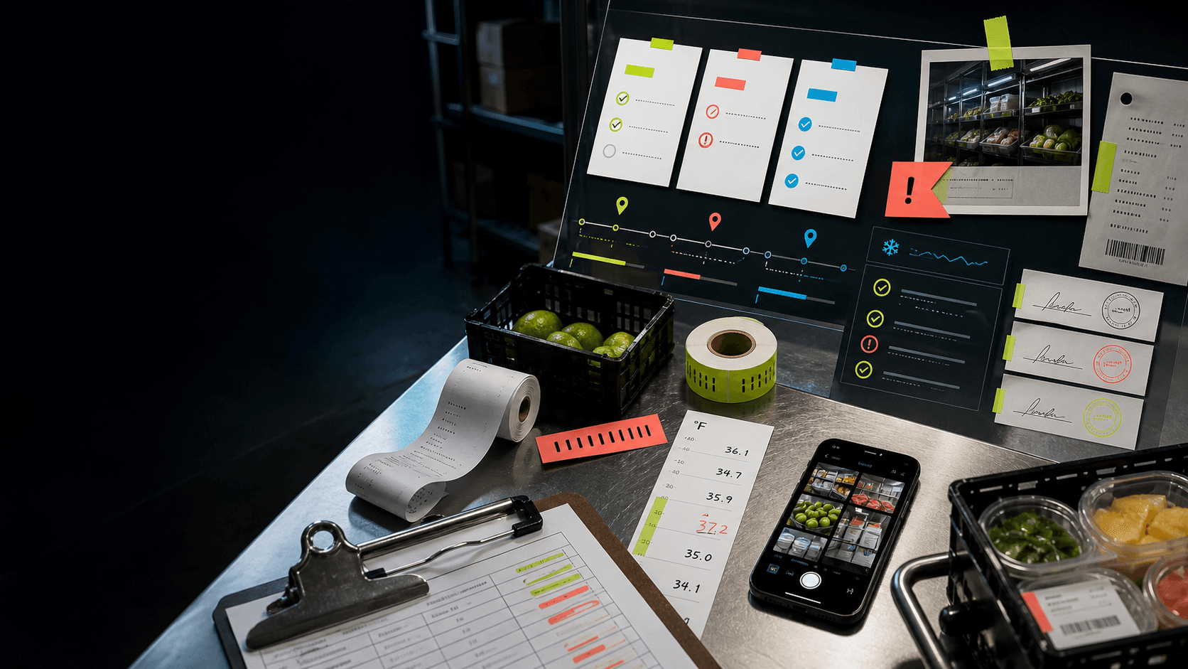 Opsle proof ledger collage with checklist proof, temperature logs, and food retail operations evidence